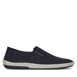 Półbuty Rieker. Niebieskie eleganckie półbuty Rieker, bez wzorów, bez obcasa, bez zapięcia. Za 329.99 zł.