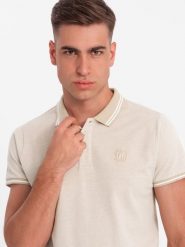 Melanżowa koszulka męska polo z kołnierzykiem w paski – piaskowa V4 - Rozmiar: S. Koszulki polo sportowe Ombre Clothing, m, z aplikacjami, z bawełny, bez kołnierzyka, bez ramiączek. W wyprzedaży za 39.99 zł.