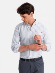 Koszula męska REGULAR FIT w białe paski z kieszonką – szara V1 OM-SHOS-0171 - XXL. Szare koszule Ombre Clothing, l, bez wzorów, z bawełny, bez kołnierzyka, bez ramiączek. W wyprzedaży za 119.99 zł.