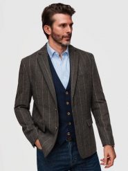 Męska elegancka marynarka w delikatną kratę z domieszką wełny – ciemnobrązowa V3 - Rozmiar: S. Szare garnitury Ombre Clothing, do pracy, l, z aplikacjami, z jeansu, biznesowe. W wyprzedaży za 293.99 zł.