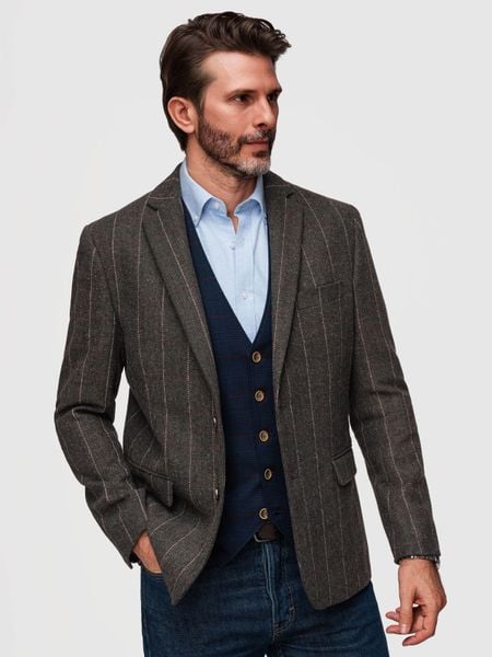 Męska elegancka marynarka w delikatną kratę z domieszką wełny – ciemnobrązowa V3 - Rozmiar: S. Szare garnitury Ombre Clothing, do pracy, l, z aplikacjami, z jeansu, biznesowe. W wyprzedaży za 293.99 zł.