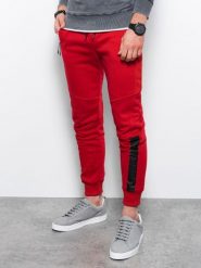 Spodnie męskie dresowe joggery - czerwone V6. Czerwone joggery i bojówki Ombre Clothing, m, bez wzorów, z bawełny. W wyprzedaży za 39.99 zł.