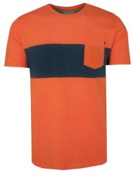 T-Shirt Granatowo-Pomarańczowy w Pasy, z Kieszonką, Męski, Koszulka, Krótki Rękaw, U-neck. Niebieskie bluzki z długim rękawem Porthal, m, bez wzorów, z bawełny, bez kołnierzyka, bez ramiączek. Za 115.00 zł.