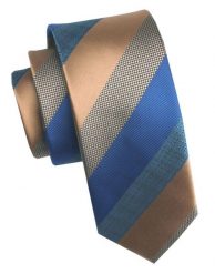 Elegancki i Modny Męski Krawat - Angelo di Monti - Beże i Niebieski, Duży Prążek. Niebieskie krawaty i muchy Angelo di Monti, bez wzorów, z tkaniny. Za 45.00 zł.