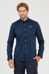 LA MARTINA Granatowa koszula Poplin Stretch. Niebieskie koszule La Martina, l, bez wzorów, bez kołnierzyka, bez ramiączek. W wyprzedaży za 399.99 zł.