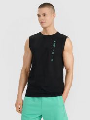 4F Tank top regular męski - czarny L. Czarne bezrękawniki 4F, l, bez wzorów, z bawełny, bez kołnierzyka, bez ramiączek. W wyprzedaży za 39.99 zł.
