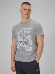 4F T-shirt regular z nadrukiem męski - szary L. Szare t-shirty 4F, l, bez wzorów, z bawełny, bez kołnierzyka, bez ramiączek. W wyprzedaży za 59.99 zł.