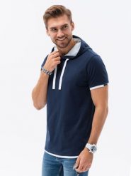 T-shirt męski z kapturem - granatowy V4. Niebieskie t-shirty Ombre Clothing, m, bez wzorów, z bawełny, bez kołnierzyka, bez ramiączek. W wyprzedaży za 29.99 zł.