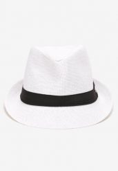 Biała Pleciony Kapelusz Fedora z Kontrastową Taśmą Zanatia. Białe kapelusze Born2be, bez wzorów. W wyprzedaży za 21.24 zł.