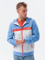 Kurtka męska wiatrówka z kapturem - niebieska V2 - Rozmiar: XL. Niebieskie kurtki Ombre Clothing, m, bez wzorów, z kapturem. W wyprzedaży za 49.99 zł.