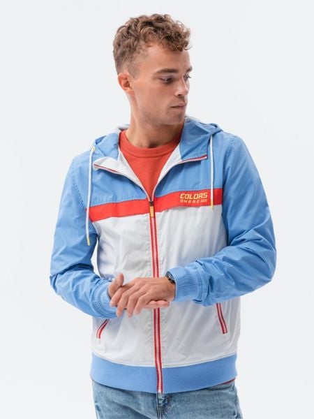 Kurtka męska wiatrówka z kapturem - niebieska V2 - Rozmiar: XL. Niebieskie kurtki Ombre Clothing, m, bez wzorów, z kapturem. W wyprzedaży za 49.99 zł.
