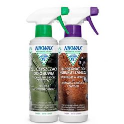 Zestaw do impregnacji i czyszczenia obuwia z nubuku i zamszu Nikwax 2 x 300 ml. Buty trekkingowe Nikwax, bez wzorów, z nubiku, bez zapięcia. Za 66.99 zł.