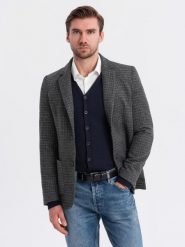 Męska marynarka w kratę z dodatkiem wełny - grafitowa V2 - Rozmiar: M. Szare garnitury Ombre Clothing, m, bez wzorów, z materiału. W wyprzedaży za 169.99 zł.