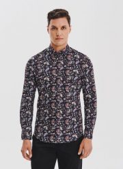 PAKO LORENTE – Granatowa koszula w kwiaty. Koszule Pako Lorente, m, bez wzorów, z bawełny, bez kołnierzyka, bez ramiączek. Za 199.99 zł.