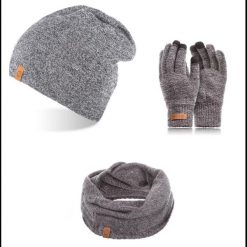 Komplet męski Brødrene czapka komin rękawiczki 103158 j. szary. Szare rękawiczki bez wzorów, z dzianiny. Za 124.99 zł.