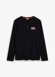 Bluzka z dekoltem henley z czystej bawełny organicznej. Czarne bluzki z długim rękawem bonprix, m, bez wzorów, z bawełny, bez kołnierzyka, bez ramiączek. Za 69.99 zł.