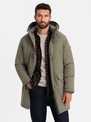 Klasyczna męska długa kurtka typu parka – oliwkowa V3 - Rozmiar: M. Zielone kurtki Ombre Clothing, m, z aplikacjami, z gumy, z kapturem. Za 519.99 zł.
