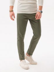 Spodnie męskie chinosy SLIM FIT - oliwkowe V26 - Rozmiar: M. Zielone eleganckie spodnie Ombre Clothing, na co dzień, m, z bawełny. W wyprzedaży za 69.99 zł.