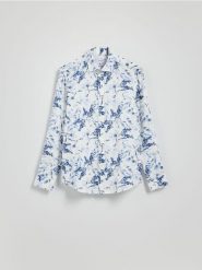 Koszula slim fit z domieszką lnu - biały. Białe koszule Reserved, l, bez wzorów, z wiskozy, bez kołnierzyka, bez ramiączek. Za 139.99 zł.