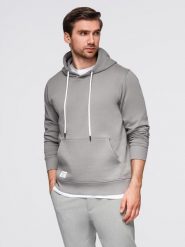 Męska bluza dresowa kangurka z kapturem - szara V8 - Rozmiar: M. Szare bluzy Ombre Clothing, m, bez wzorów, z bawełny, z kapturem. W wyprzedaży za 116.99 zł.
