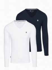 Komplet męskich longsleeve'ów SLIM FIT z dekoltem typu V i logotypem 2-pak – mix biały/granatowy V1. Białe bluzki z długim rękawem Ombre Clothing, l, bez wzorów, z bawełny, bez kołnierzyka, bez ramiączek. W wyprzedaży za 104.99 zł.