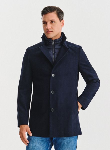 PAKO LORENTE - Granatowy wełniany płaszcz ze stójką. Niebieskie płaszcze Pako Lorente, na jesień, m, bez wzorów, z poliesteru, bez kaptura. Za 739.99 zł.