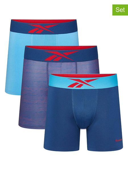 Reebok Bokserki (3 pary) "Muir" w kolorze niebieskim rozmiar: M. Niebieskie bokserki Reebok, m, bez wzorów. Za 64.45 zł.
