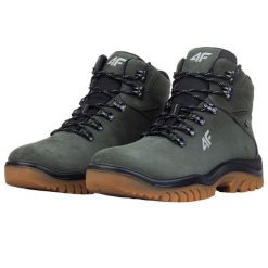 Męskie Skórzane Buty Turystyczne OBMH257. Zielone buty turystyczne 4F, bez wzorów, bez zapięcia. Za 594.99 zł.