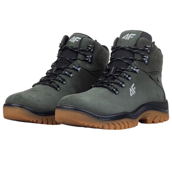 Męskie Skórzane Buty Turystyczne OBMH257. Zielone buty turystyczne 4F, bez wzorów, bez zapięcia. Za 594.99 zł.