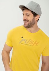Męski t-shirt z napisem T-PUSH. Żółte t-shirty Volcano, m, bez wzorów, z bawełny, bez kołnierzyka, bez ramiączek. Za 59.99 zł.