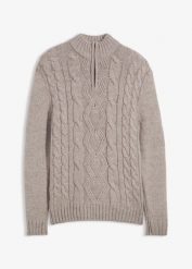 Sweter ze stójką we wzór w warkocze. Szare swetry nierozpinane bonprix, m, bez wzorów, bez kołnierzyka, bez ramiączek. Za 114.99 zł.