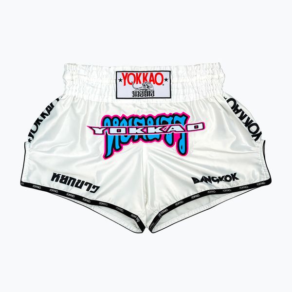 Spodenki treningowe męskie YOKKAO East Club Fight. Białe krótkie spodenki sportowe YOKKAO, m, bez wzorów, z materiału. Za 289.99 zł.