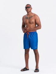 Spodenki męskie kąpielówki z dwukolorowym ściągaczem – ciemnoniebieskie V5 - Rozmiar: L. Niebieskie kąpielówki Ombre Clothing, l, bez wzorów, z poliesteru. W wyprzedaży za 69.99 zł.