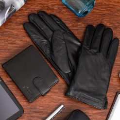 Zestaw męski skórzany portfel poziomy rękawiczki czarne Beltimore T89. Czarne portfele bez wzorów. Za 99.90 zł.