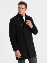 Płaszcz męski z asymetrycznym zapięciem - czarny V2 OM-COWC-0102 - XL. Czarne płaszcze Ombre Clothing, l, bez wzorów, z poliesteru, bez kaptura. W wyprzedaży za 199.99 zł.