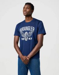 MESKA KOSZULKA WRANGLER AMERICANA TEE NAVY 112371477. Niebieskie t-shirty Wrangler, m, bez wzorów, bez kołnierzyka, bez ramiączek. Za 79.99 zł.