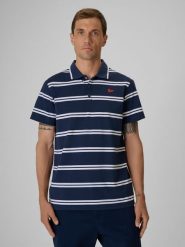 4F Koszulka polo regular męska - granatowa L. Niebieskie koszulki polo 4F, l, bez wzorów, z bawełny, bez kołnierzyka, bez ramiączek. Za 129.99 zł.