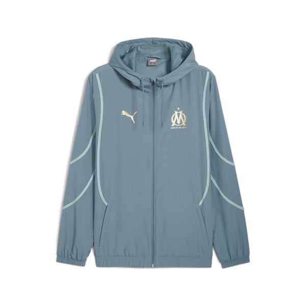 Męska kurtka przedmeczowa z tkaniny Olympique Marsylia PUMA. Niebieskie kurtki Puma, m, bez wzorów, z materiału, bez kaptura. Za 311.90 zł.