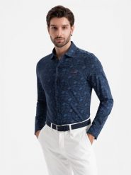 Męska koszula bawełniana z motywem roślinnym – granatowa V1 OM-SHCS-0159 - XXL. Niebieskie koszule Ombre Clothing, l, bez wzorów, z bawełny, bez kołnierzyka, bez ramiączek. W wyprzedaży za 109.99 zł.