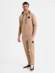 Komplet dresowy męski bluza z kapturem + spodnie dresowe - brązowy V3 - Rozmiar: S. Brązowe bluzy z kapturem Ombre Clothing, m, bez wzorów, z bawełny, z kapturem. W wyprzedaży za 299.99 zł.
