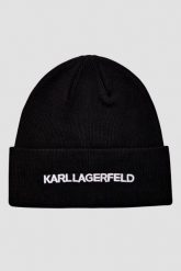 KARL LAGERFELD Czapka zimowa z haftem. Czarne czapki zimowe KARL LAGERFELD, bez wzorów, z dzianiny. W wyprzedaży za 259.99 zł.