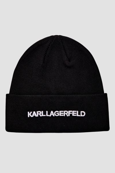 KARL LAGERFELD Czapka zimowa z haftem. Czarne czapki zimowe KARL LAGERFELD, bez wzorów, z dzianiny. W wyprzedaży za 259.99 zł.
