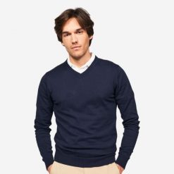 Sweter do golfa męski MW 100 dekolt w serek. Niebieskie golfy INESIS, l, bez wzorów, z bawełny, bez ramiączek. Za 69.99 zł.