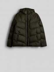 4F Kurtka zimowa puchowa z wypełnieniem naturalnym męska - khaki S. Brązowe kurtki 4F, na zimę, m, bez wzorów, z materiału, bez kaptura. Za 699.99 zł.