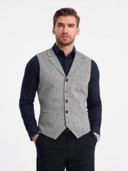 Kamizelka męska garniturowa z kołnierzem - szara V2 - Rozmiar: XL. Szare garnitury Ombre Clothing, m, bez wzorów, z poliesteru. W wyprzedaży za 169.99 zł.