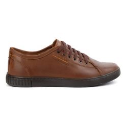 Buty Polbut Skórzane Sneakersy Męskie Model 2129 camel brązowe. Brązowe buty sportowe casual bez wzorów, z jeansu, bez zapięcia. Za 303.63 zł.