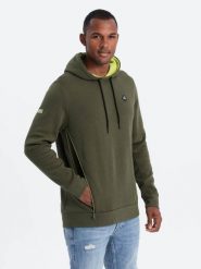 Bluza męska z kapturem z kieszenią na zamek - oliwkowa V2 - Rozmiar: L. Zielone bluzy z kapturem Ombre Clothing, l, bez wzorów, z bawełny, z kapturem. W wyprzedaży za 69.99 zł.