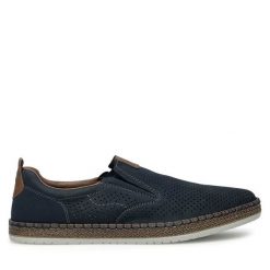 Półbuty Rieker. Niebieskie eleganckie półbuty Rieker, bez wzorów, bez obcasa, bez zapięcia. Za 349.99 zł.
