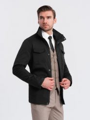Lekka kurtka męska z wysokim kołnierzem i kieszeniami – czarna V1 OM-JALP-0167 - XL. Czarne kurtki Ombre Clothing, l, z aplikacjami, z materiału, bez kaptura. Za 207.99 zł.