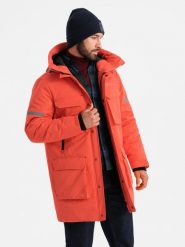 Długa ocieplana kurtka męska z odblaskowymi elementami – pomarańczowa V1 OM-JALJ-0169 - XXL. Brązowe kurtki Ombre Clothing, l, z aplikacjami, z gumy, z kapturem. W wyprzedaży za 169.99 zł.